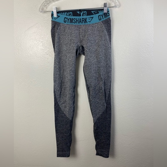 GYMSHARK Gray Blue Athletic Workout Yoga Activewear Spell out Leggings Small - Picture 1 of 13